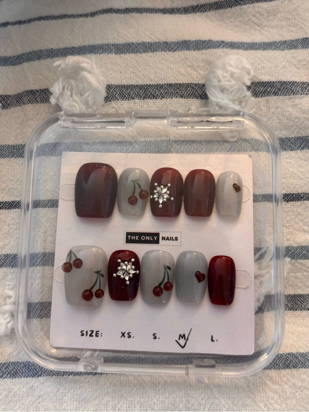 Cherry Accent Press-On Nails in Burgundy & Gray
